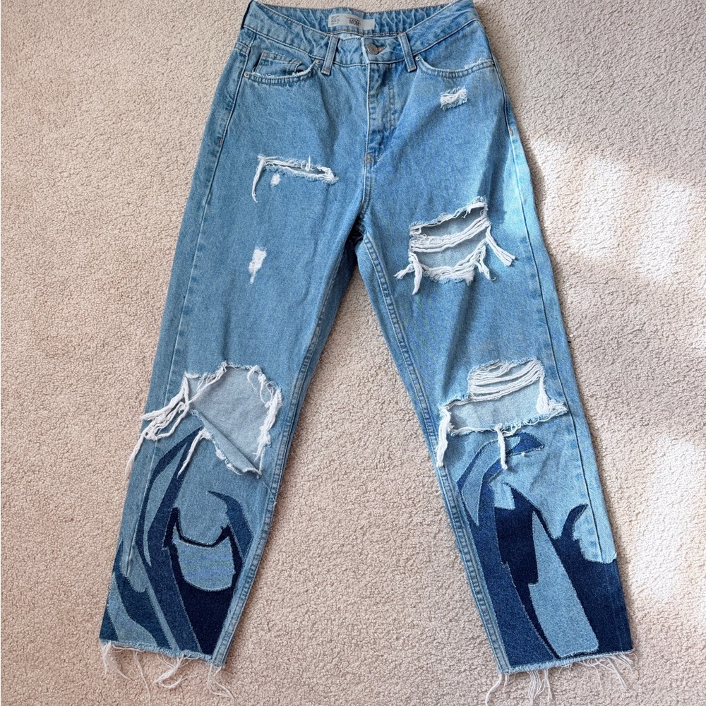 Patchwork Topshop Moto Mom Blue High Rise Distressed Ripped Dark Blue Jeans